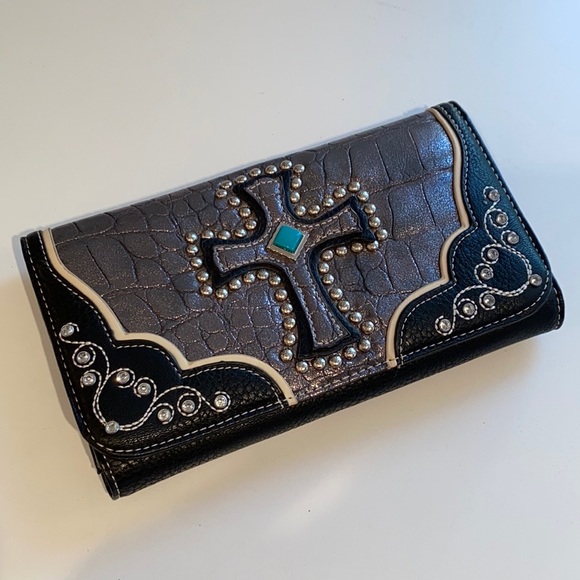 Handbags - Western Cowgirl Wallet Billfold Leather Cross Turquoise Black Credit Card Holder